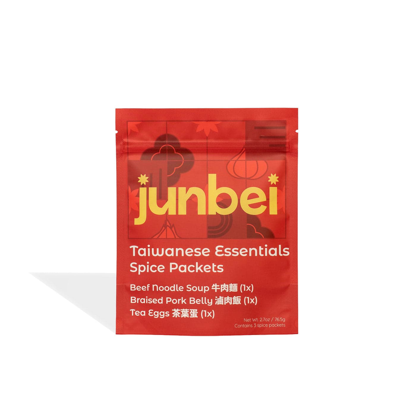 Junbei Taiwanese Essentials spice packet pouch containing beef noodle soup, braised pork belly, and tea eggs packets